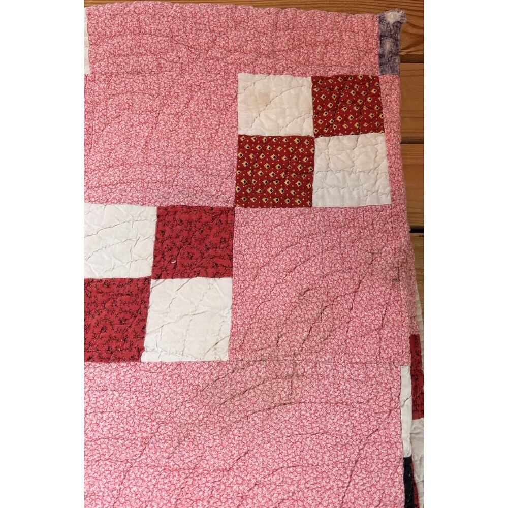 Vintage Handmade Patchwork Quilt Size 76x42 Pink M3 - Picture 7 of 8